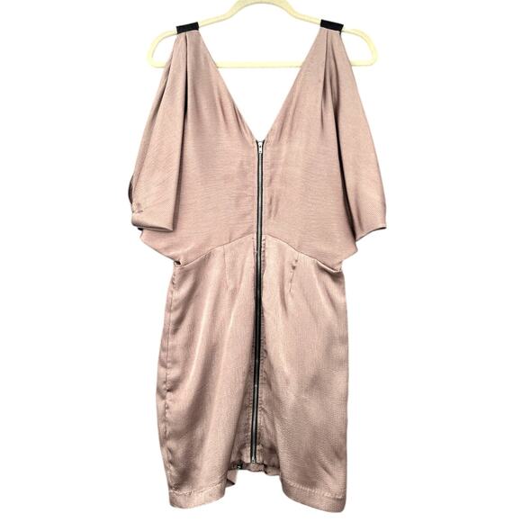 Ark & Co Metallic Zipper Front Short Batwing Sleeves Cold Shoulder Dress Small - Picture 2 of 6